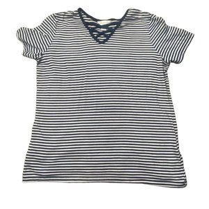 Christopher & Banks Womens Striped Crossover Neckline Shirt-White/Blue-Size Lg